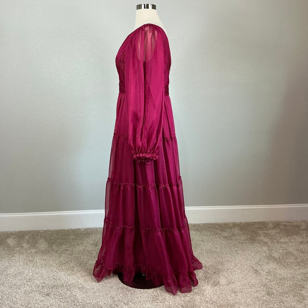Mac Duggal 68198 Pink Evening Gown Long Sleeve Ruffle Chiffon Maxi Dress Size 16 - Picture 6 of 12